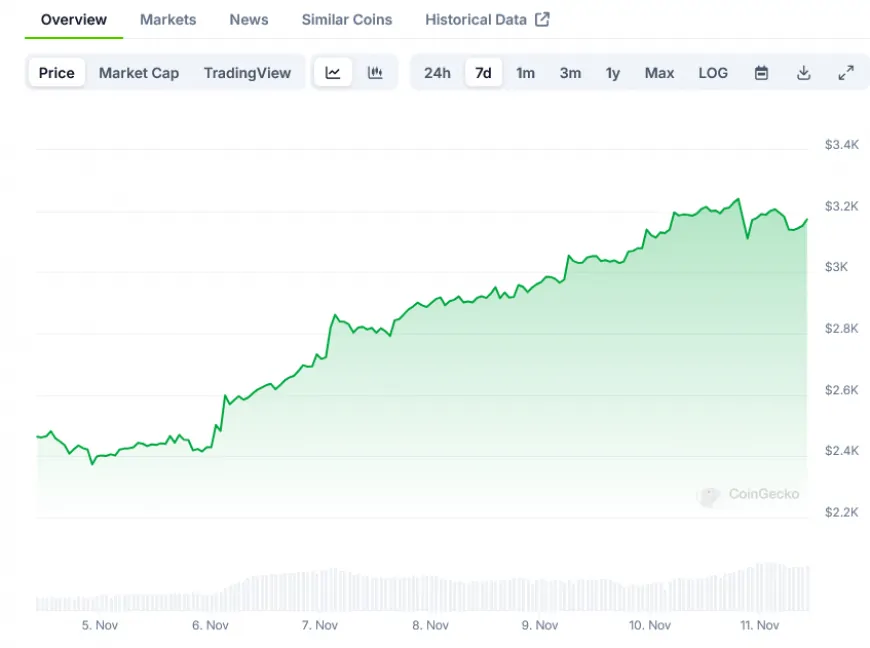 Ethereum Reaches $3,200 Mark as Whale Activity Increases