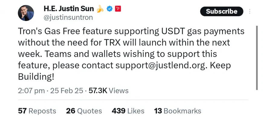 Tron to Launch Gas-Free Feature for Tether USDt to Reduce High Fees