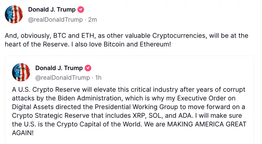 Trump's Crypto Reserve Plan Expands to BTC, ETH, SOL, XRP, and ADA