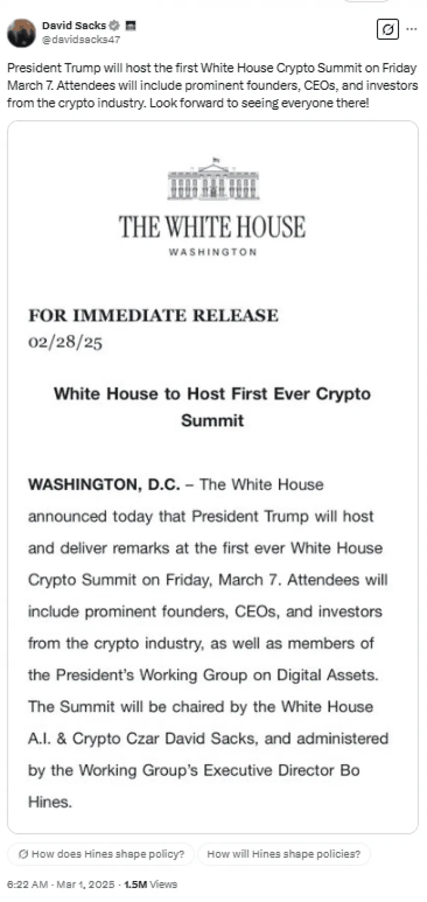 Trump to Host White House Crypto Summit on March 7, Focusing on Bitcoin and Stablecoin Regulation