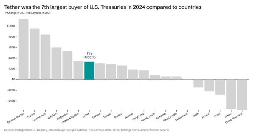 Tether, Valued at $143 Billion, Ranks Seventh in U.S. Treasury Purchases with $33.1 Billion, Surpassing Several Nations