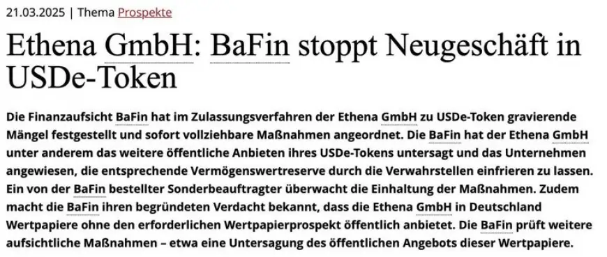 German Regulator BaFin Bans Ethena GmbH from Selling USDe Stablecoin Due to Serious Deficiencies in MiCAR Compliance